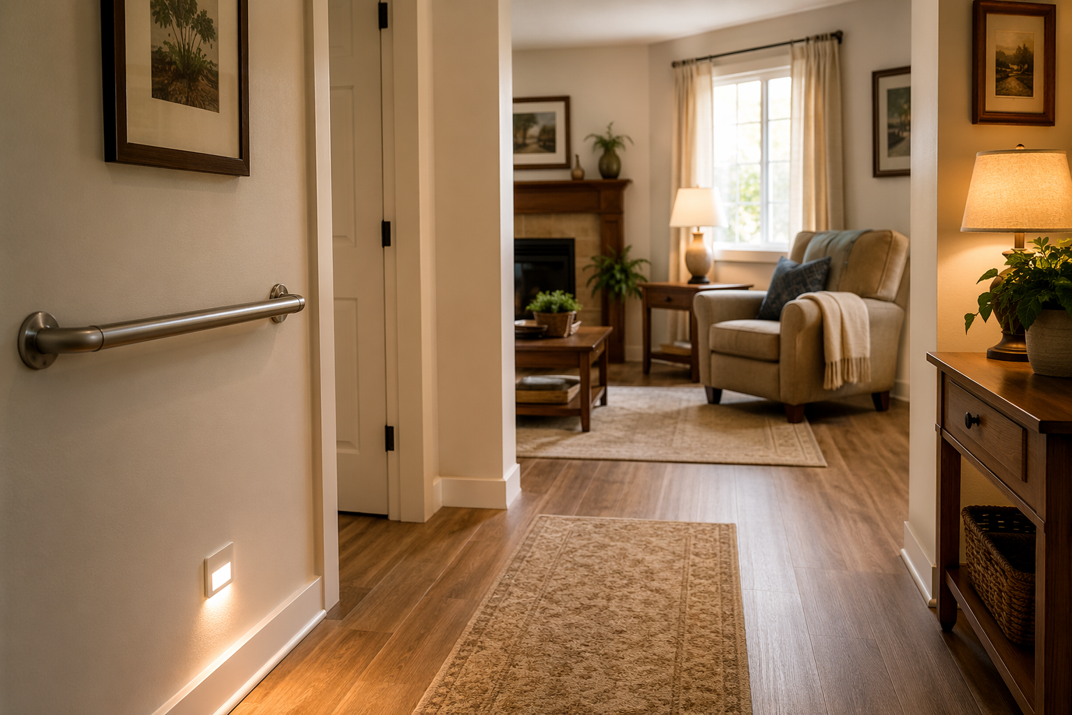 A well-lit home hallway and living room with subtle fall-prevention features: a grab bar near a doorway, non-slip flooring, a nightlight along the baseboard, clear pathways, and a sturdy armchair, creating a safe yet warm and lived-in atmosphere.