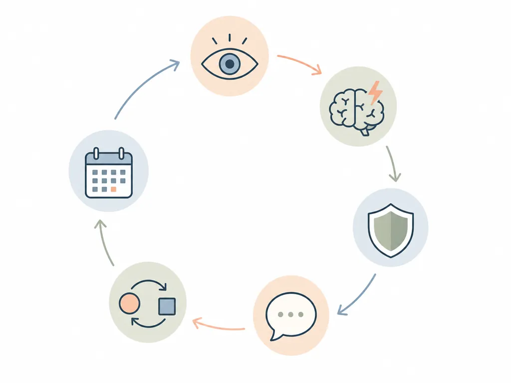 Six-step process showing observation, brain function, safety, communication, substitution, and routine