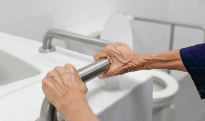 Bathroom equipped with grab bars and safety rails