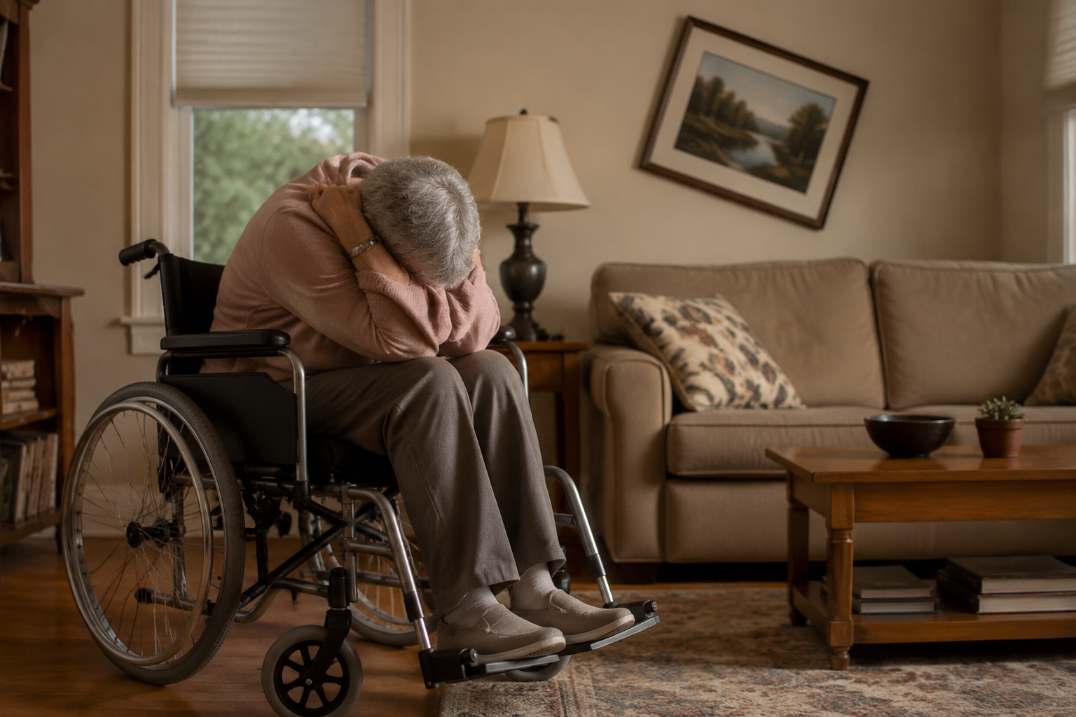 Older adult in a wheelchair with wheels locked, leaning forward and protecting the head during an earthquake