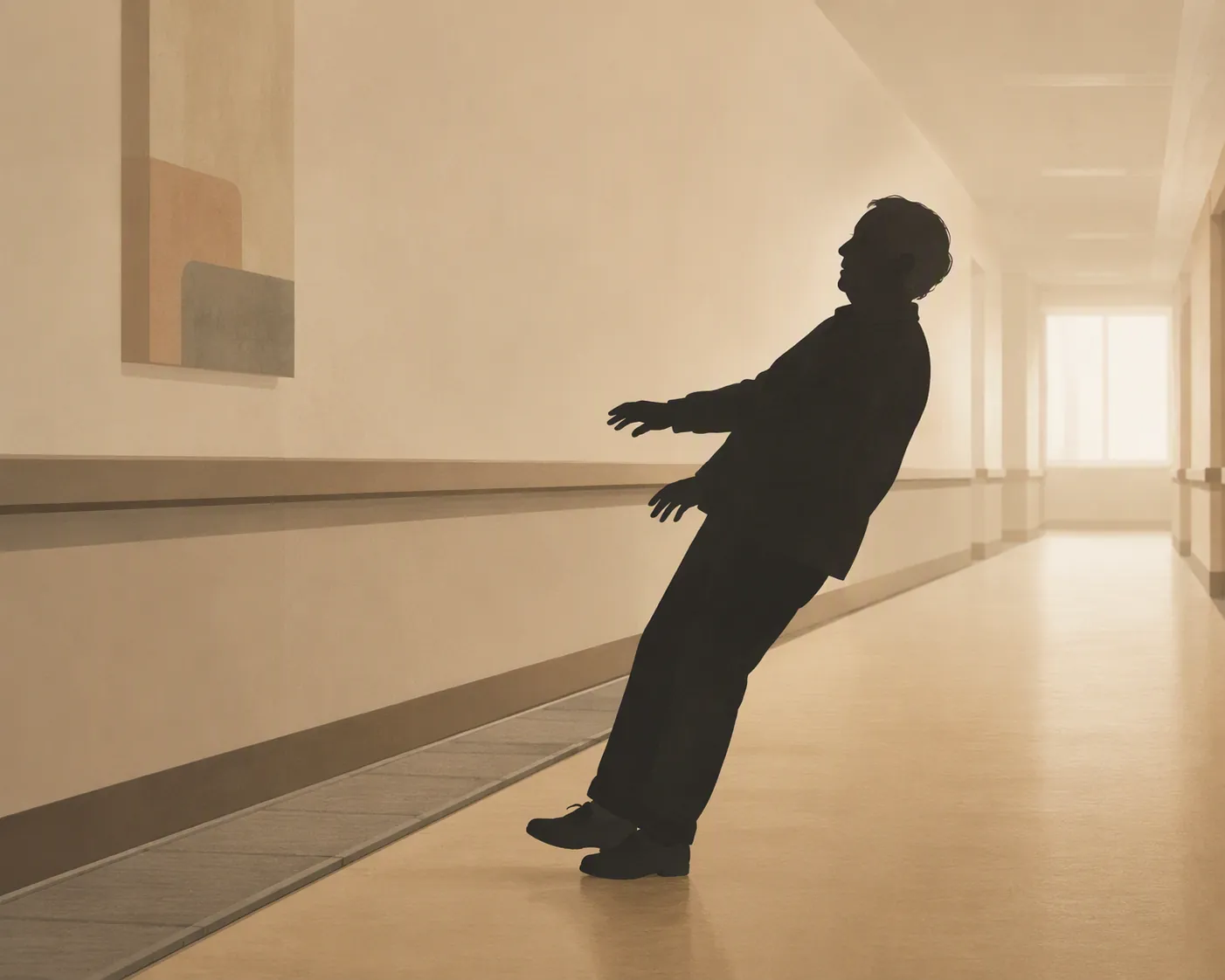 Silhouetted older adult leaning backward off balance in a hallway