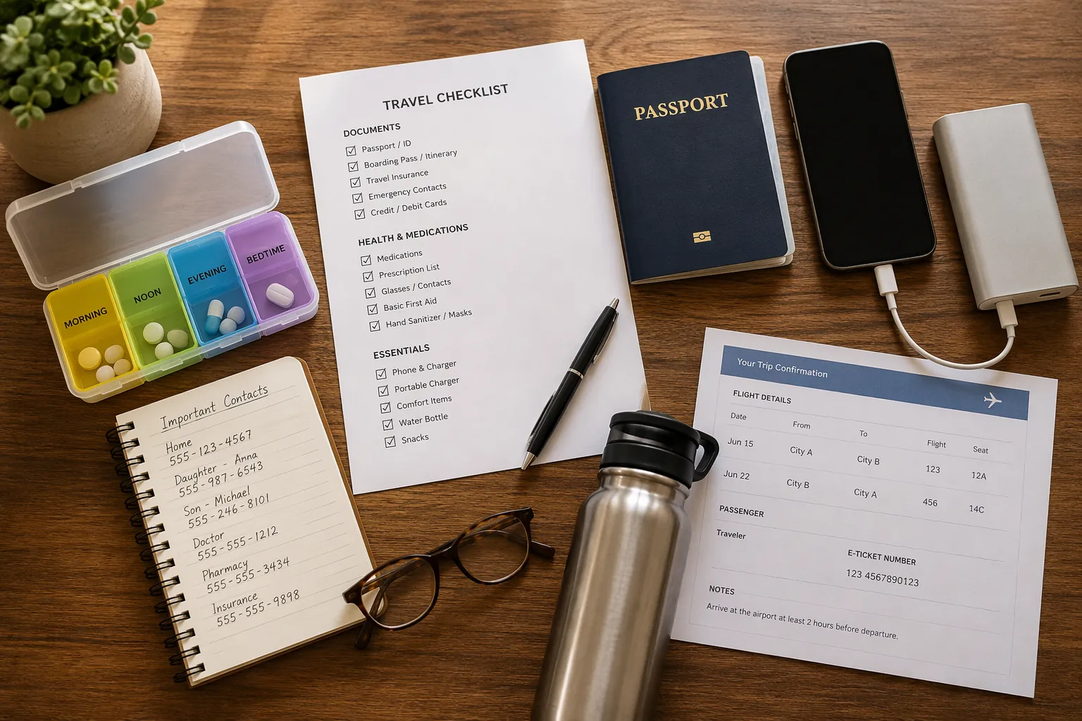 Organized senior travel preparation items including pill organizer checklist documents phone charger and portable battery