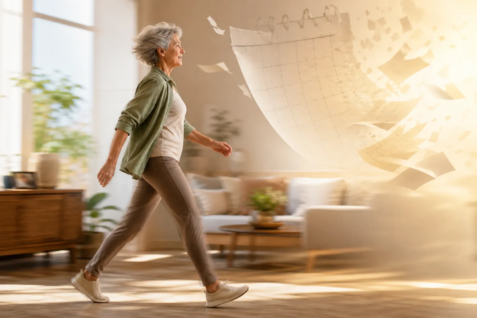 Energetic older woman walking briskly across a sunlit living room while a calendar fades into light