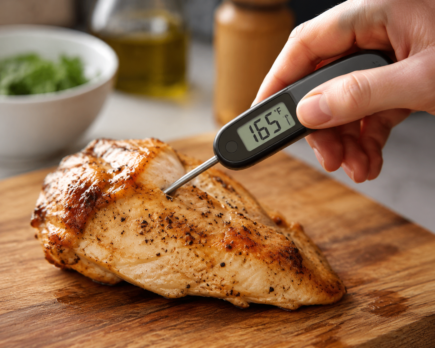 Digital instant-read thermometer showing 165°F in a cooked chicken breast