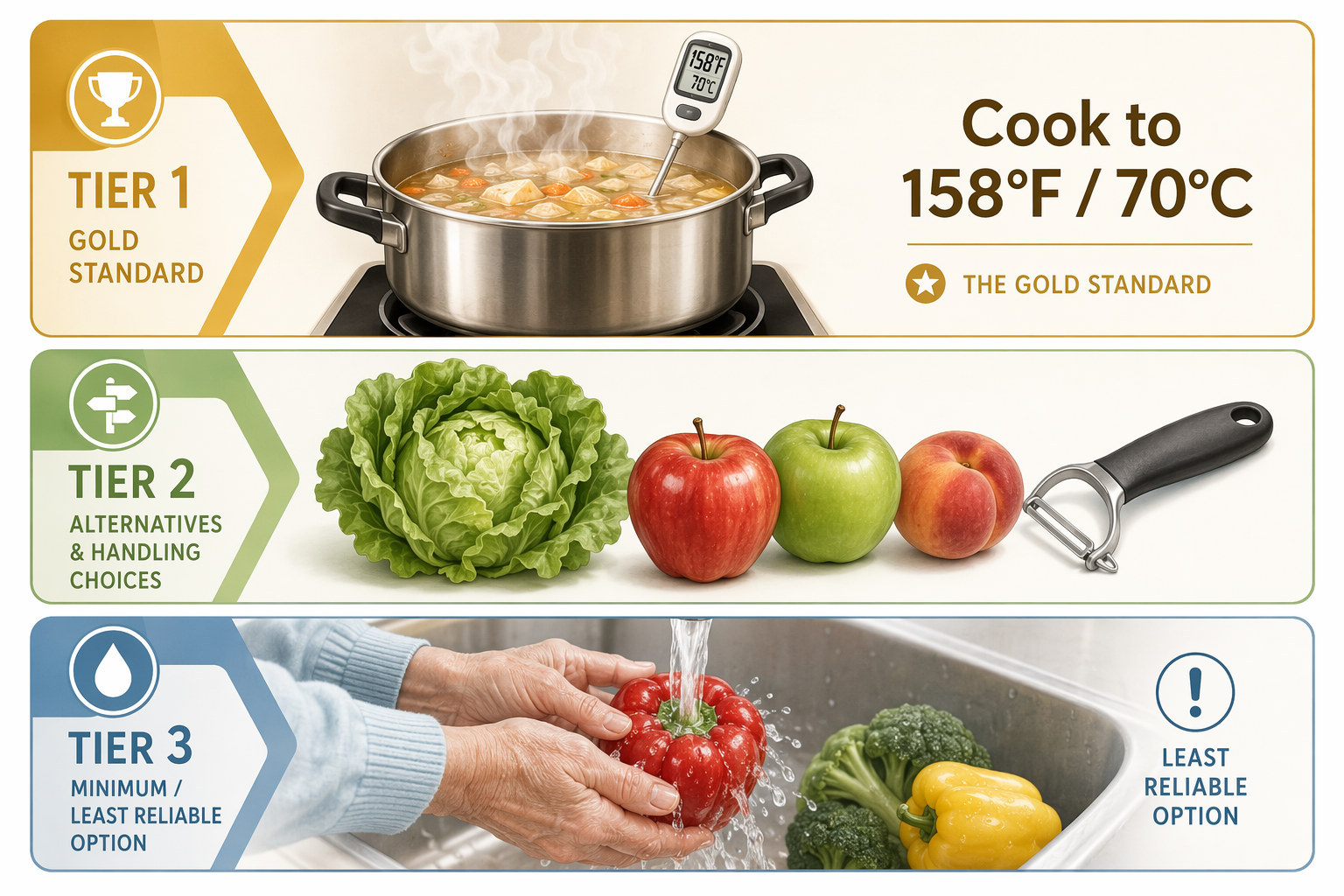 Three-tier prevention framework showing cooking to 158°F, lower-risk produce choices, and washing as the least reliable option
