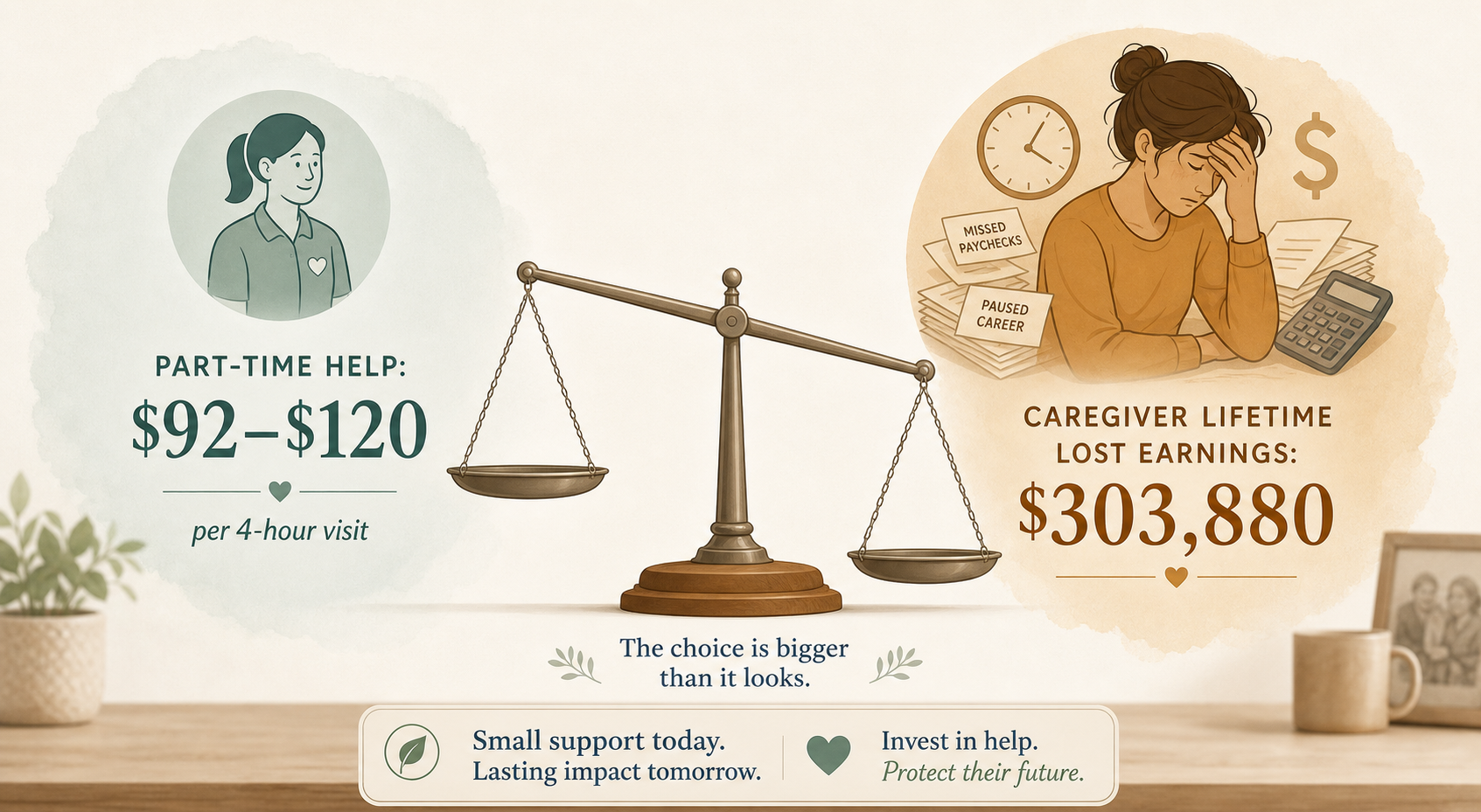 A comparison illustration with a balance scale. Left side shows a small caregiver icon with text indicating part-time help costs of $92–$120 per 4-hour visit in green-blue tones. Right side shows a stressed figure with financial burden symbols indicating $303,880 in caregiver lifetime lost earnings in muted amber tones. The scale tips slightly toward the left side.