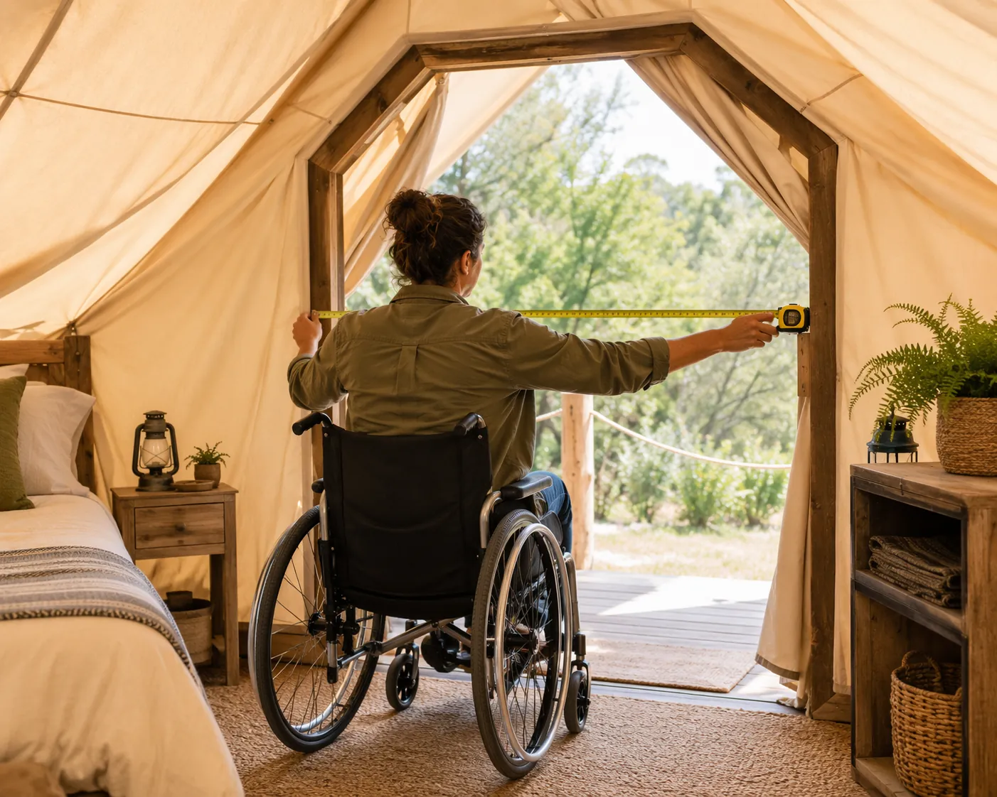A wheelchair user measuring the doorway width inside a glamping tent
