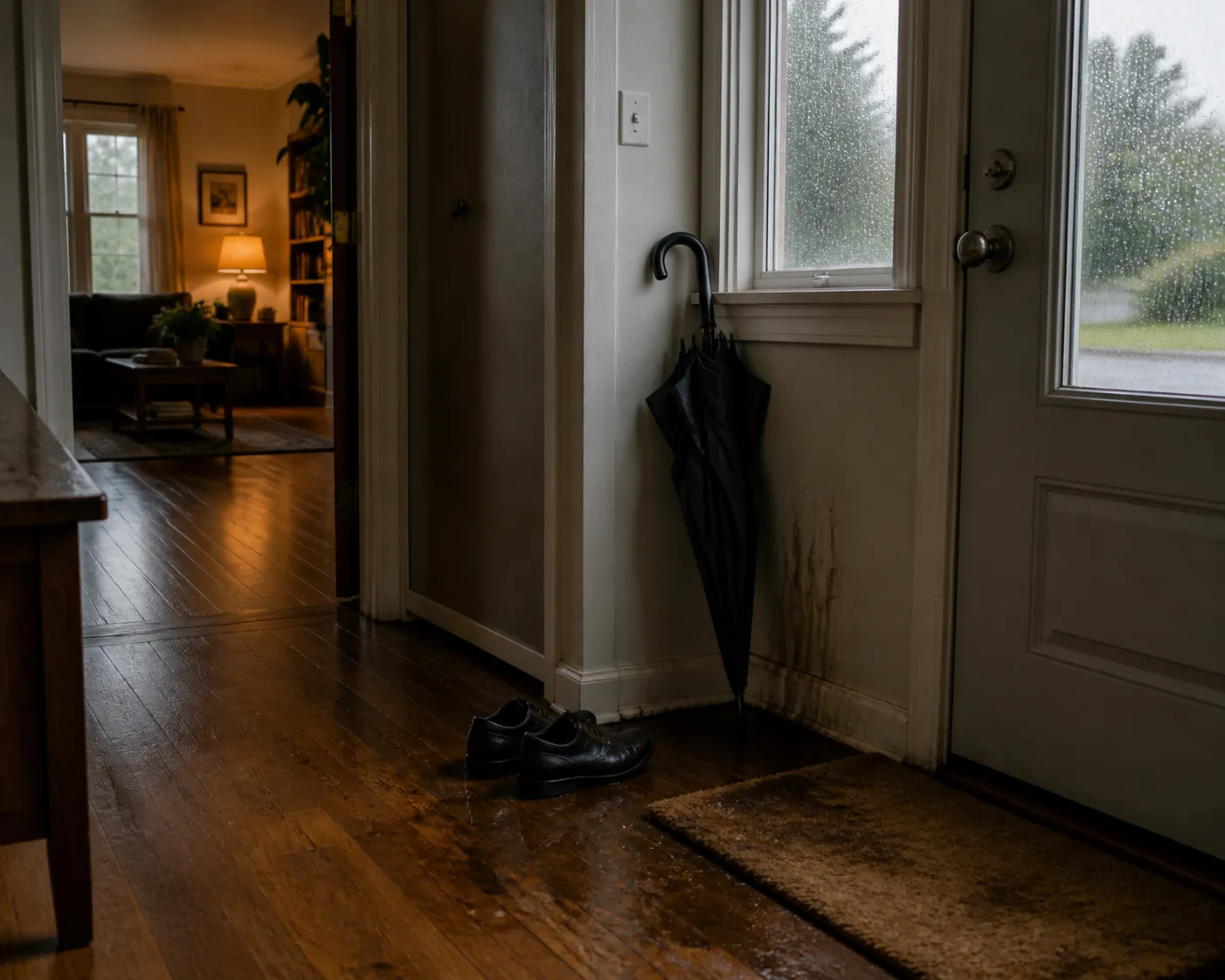 Rainy home entryway with a damp mat, puddle, shoes, and wet umbrella near the wall