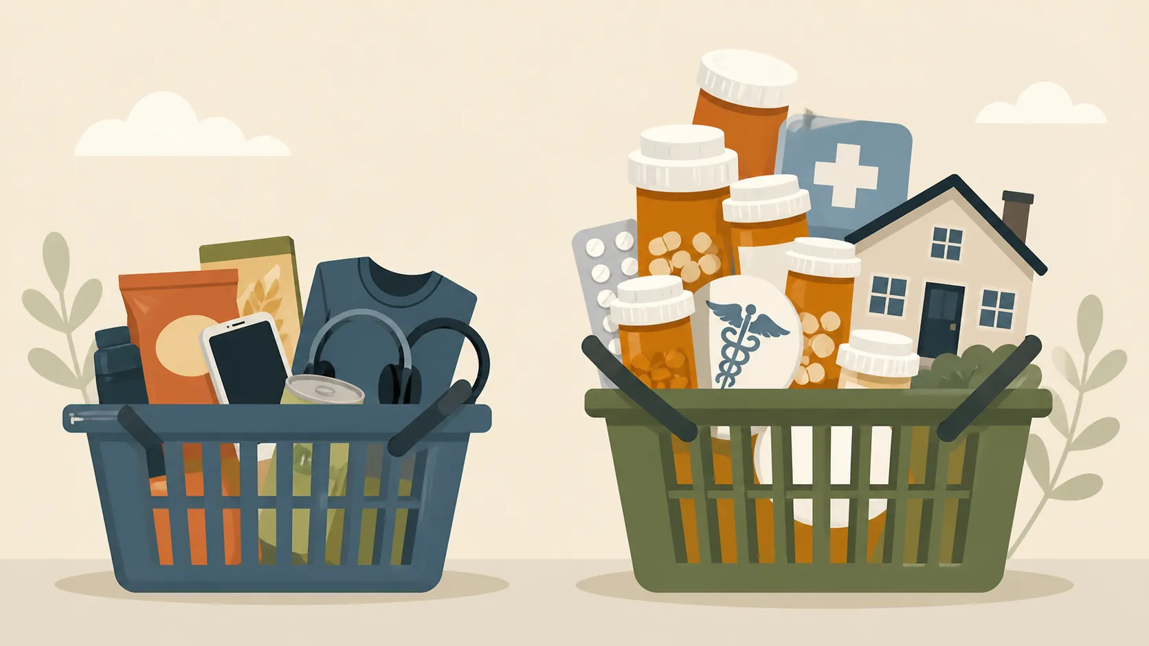 Two shopping baskets comparing general consumer spending with housing and medical expenses