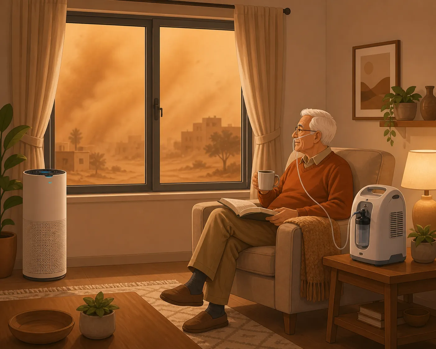 Living room sealed during a dust storm with closed window, air purifier, oxygen concentrator, and brown dust outside