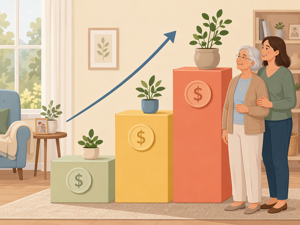 A vector illustration of three ascending stepped blocks representing assisted living care tiers: a low light-green Level 1 block, a medium warm-yellow Level 2 block, and a tall soft-coral Level 3 block, with subtle coin symbols suggesting increasing monthly costs and a gentle upward arrow alongside.