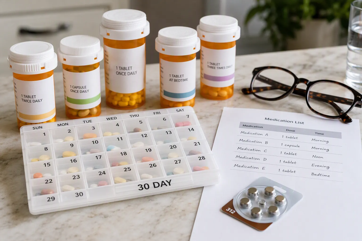 Prescription bottles, pill organizer, reading glasses, hearing-aid batteries, and a paper medication list arranged for a 30-day storm supply