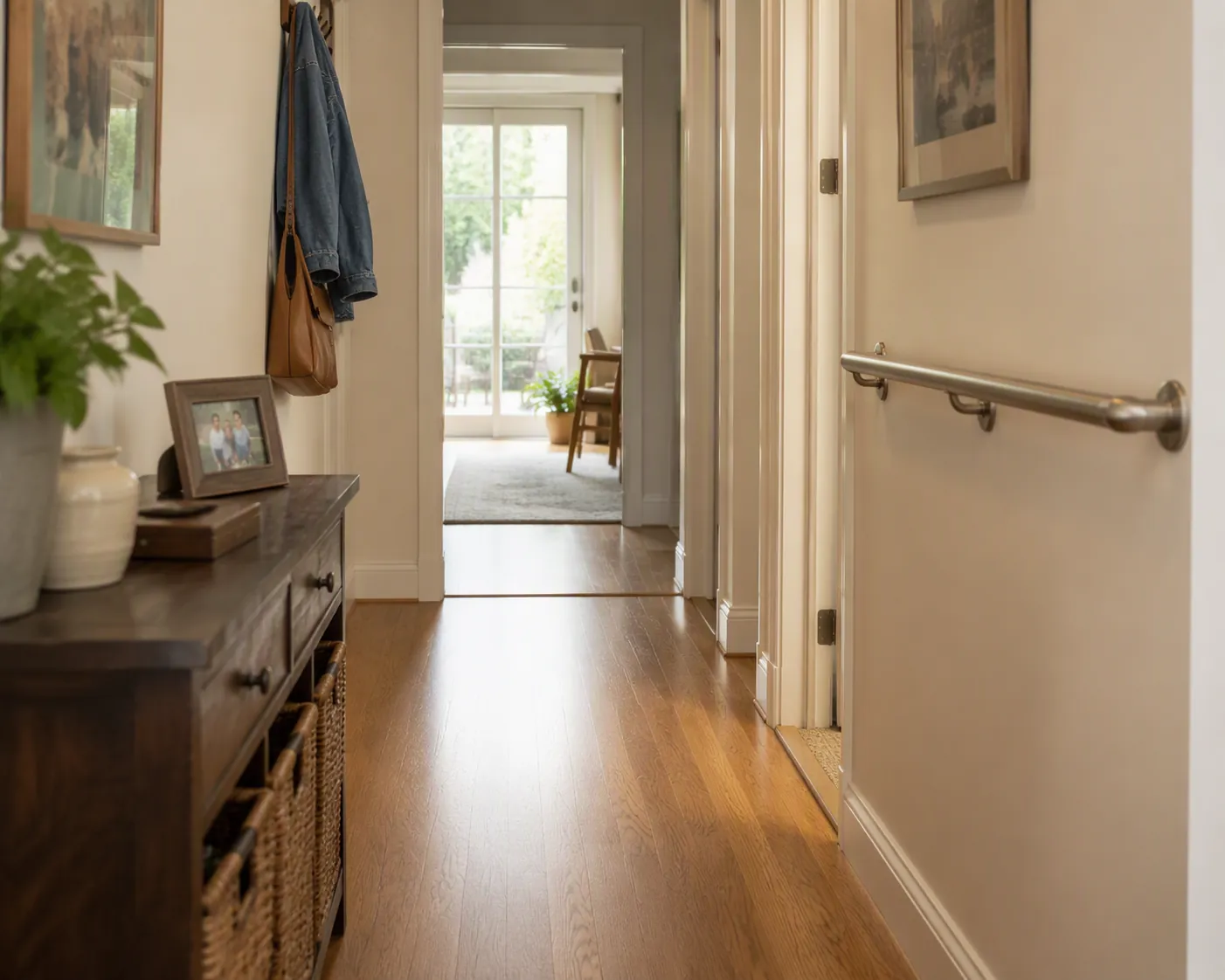 Warm home hallway with wide clear width, wall-mounted grab bar, flush threshold, and natural light
