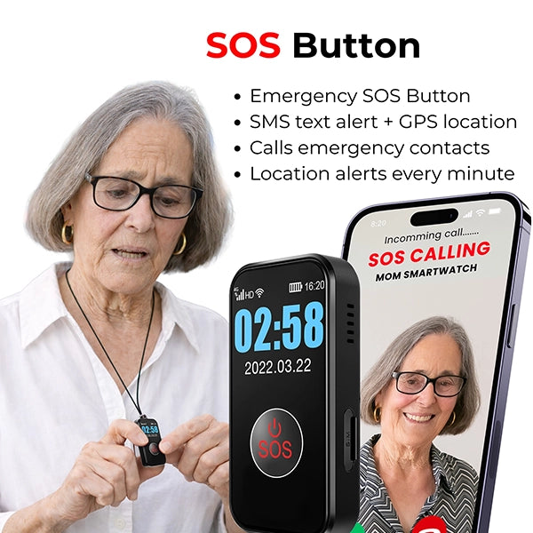 A wearable medical alert pendant with an SOS button and speakerphone, designed for seniors to call for help in an emergency.