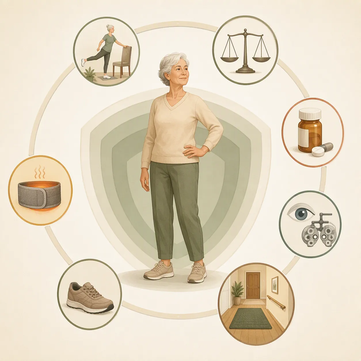 Fall prevention framework with heat vibration therapy as one complementary element