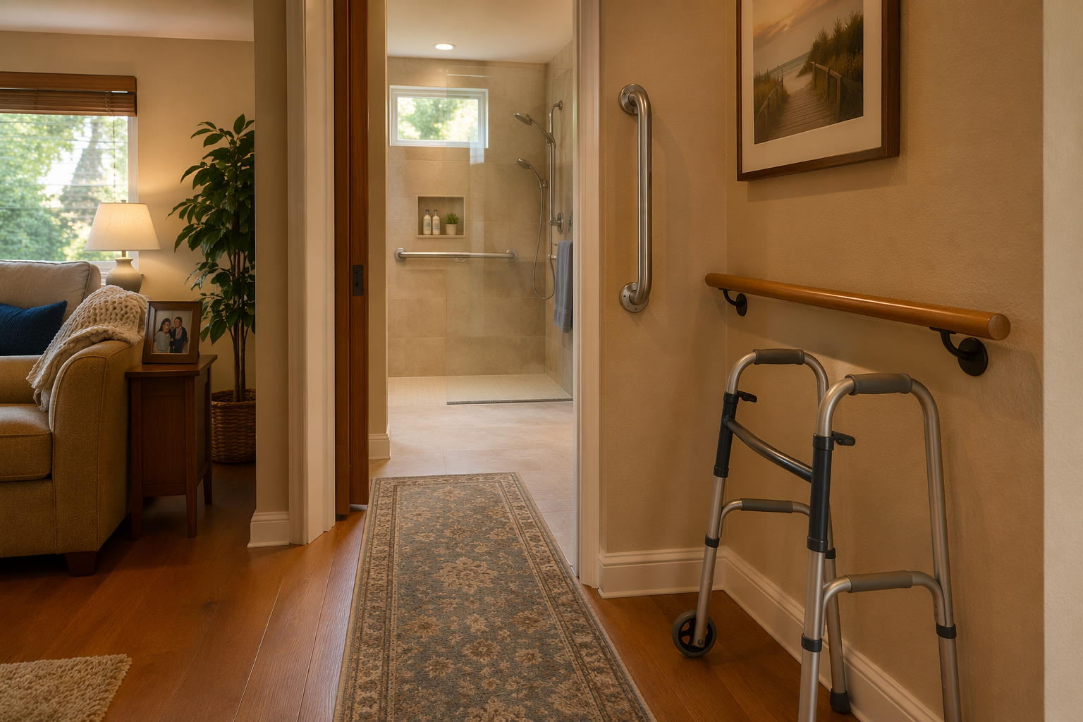 Warm photograph of a home hallway with senior safety modifications: a grab bar beside a doorway, a handrail along the wall, non-slip flooring, a walker, and a glimpse of a walk-in shower.