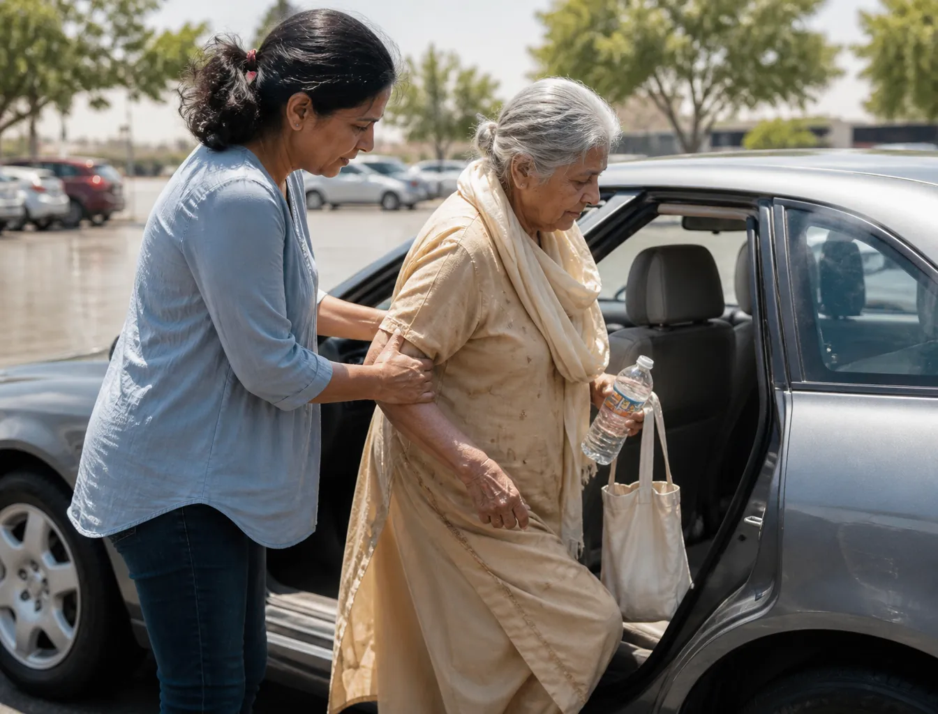 Adult child helping an older parent into a car with water in hand during a hot summer day