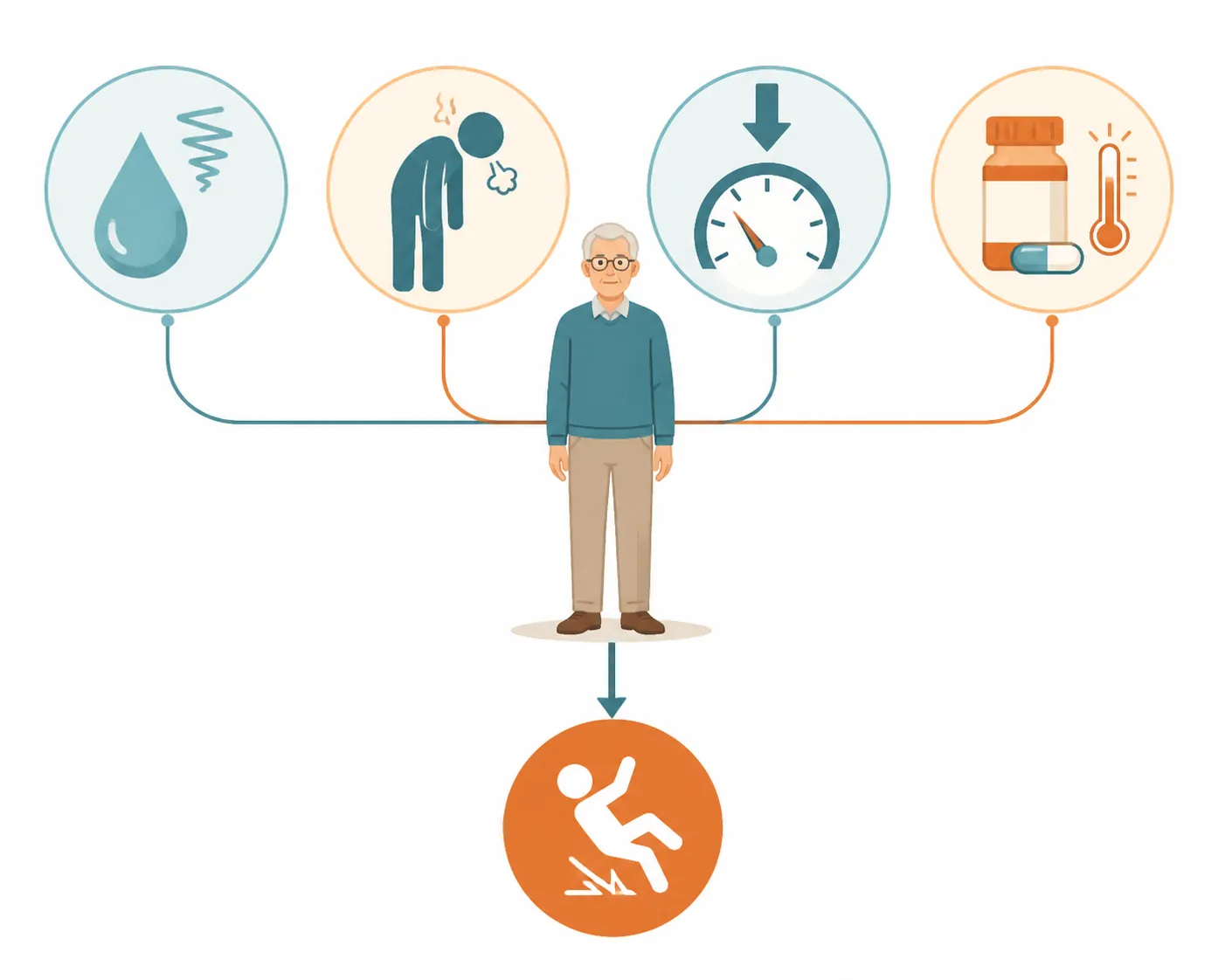 Illustration showing four heat-related causes converging on fall risk for an older adult
