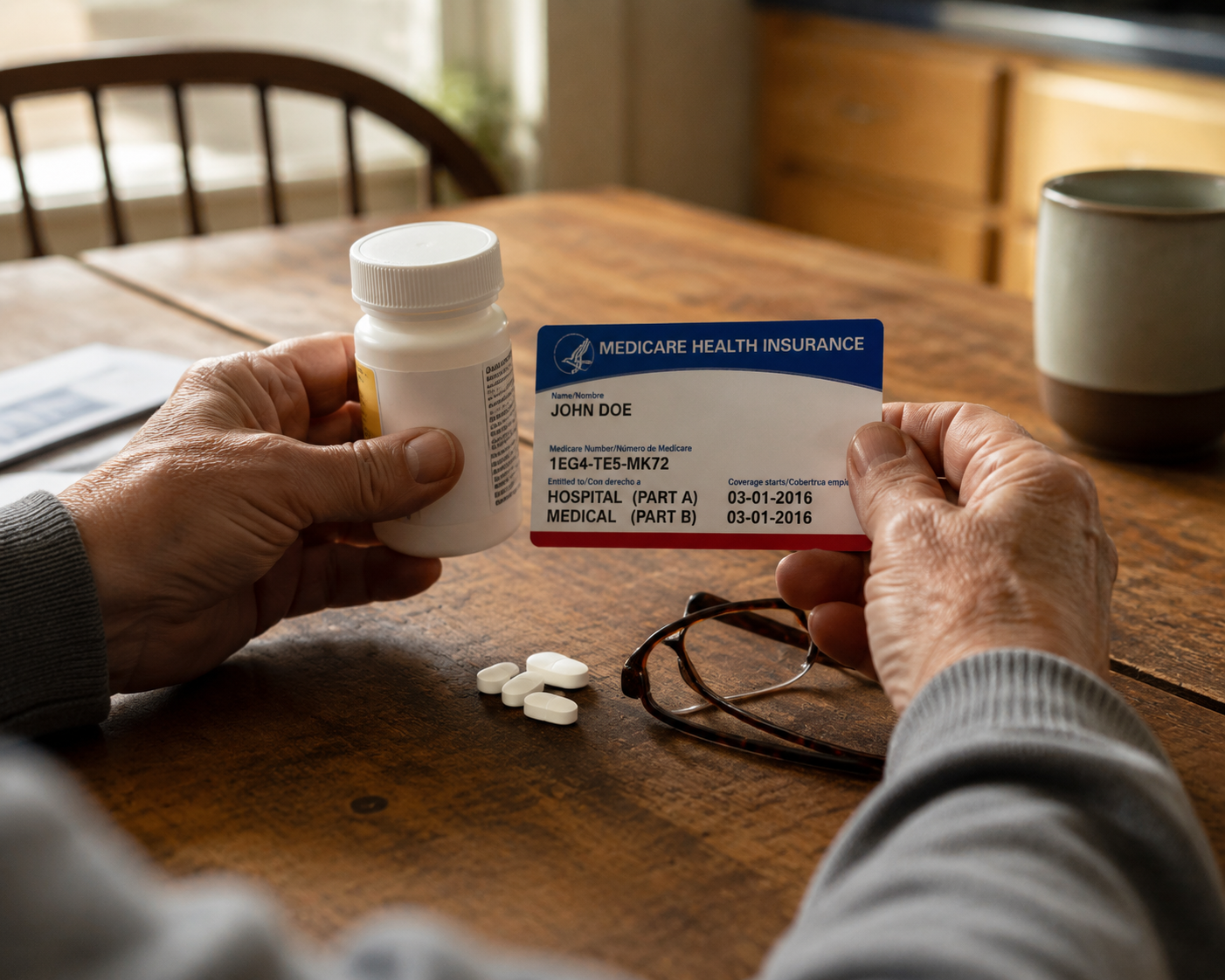 Older adult holding a prescription bottle and Medicare card at a kitchen table