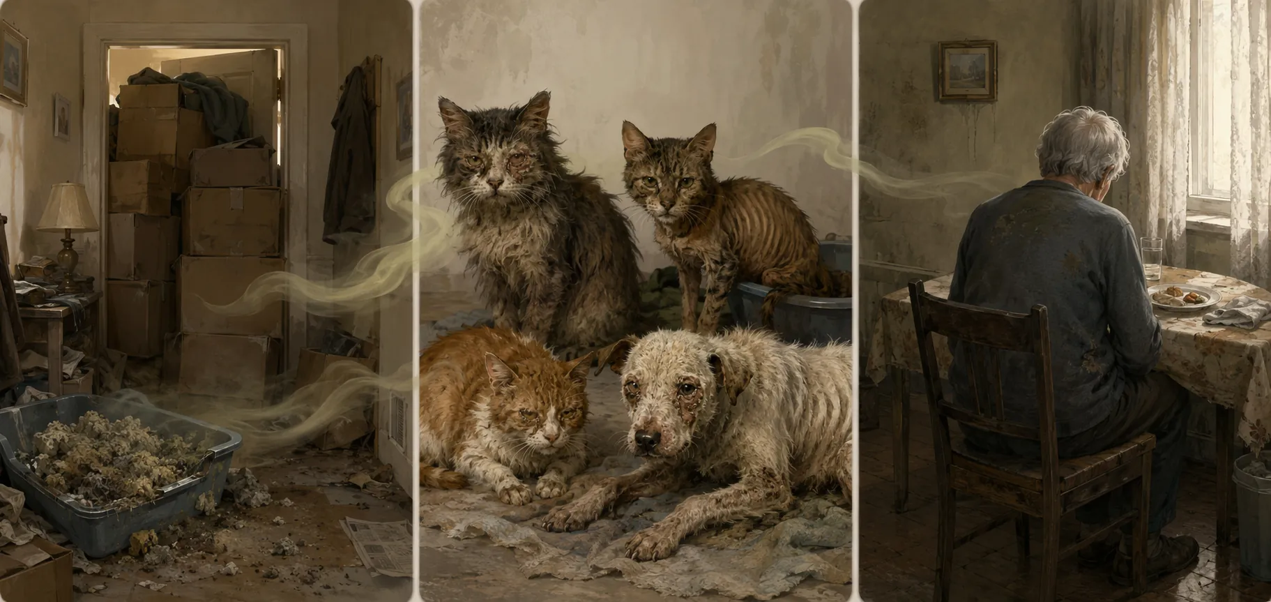 Editorial panels showing a blocked doorway, overflowing litter box, neglected pets, and an isolated elderly person