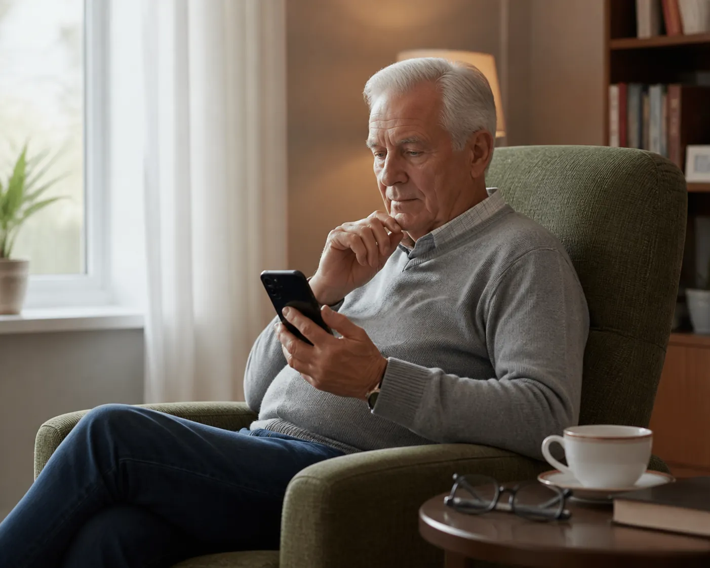 Older adult seated at home holding a smartphone while considering a phone upgrade