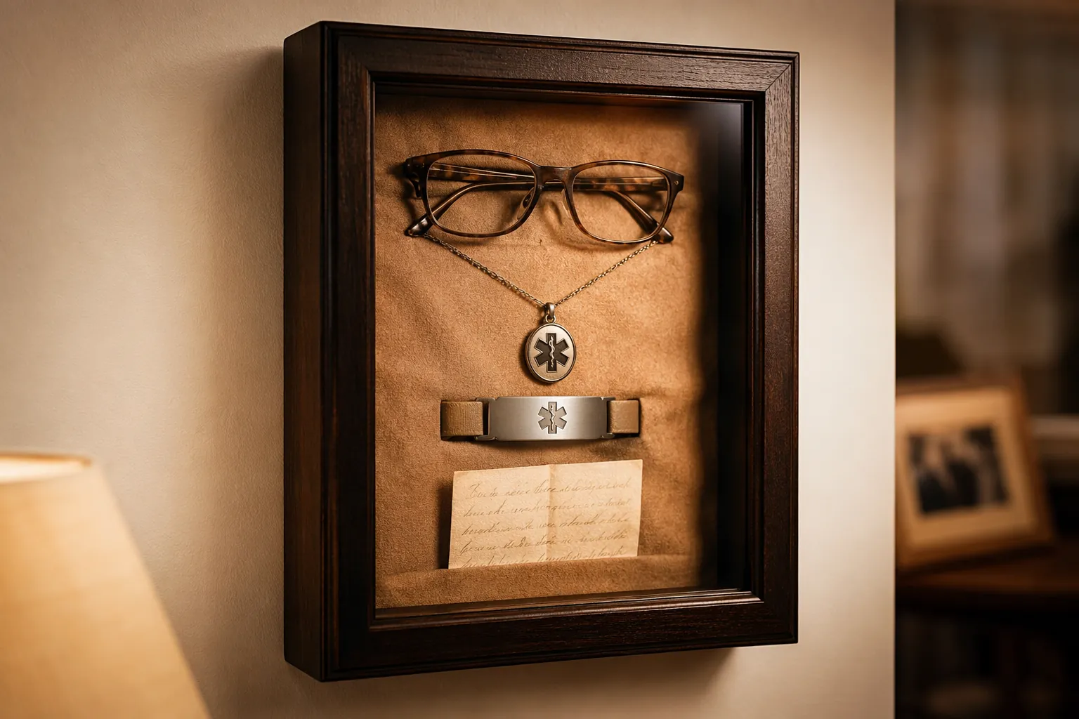 A shadowbox holding reading glasses, a medical alert pendant, a hospital ID bracelet, and a handwritten note
