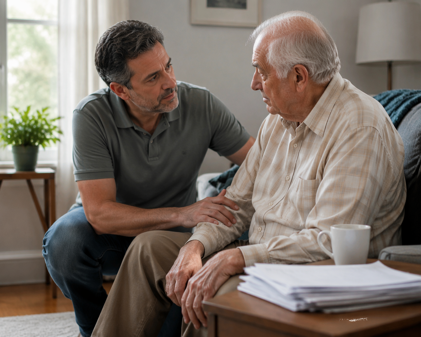Middle-aged adult child beside an older parent at home with paperwork on a side table
