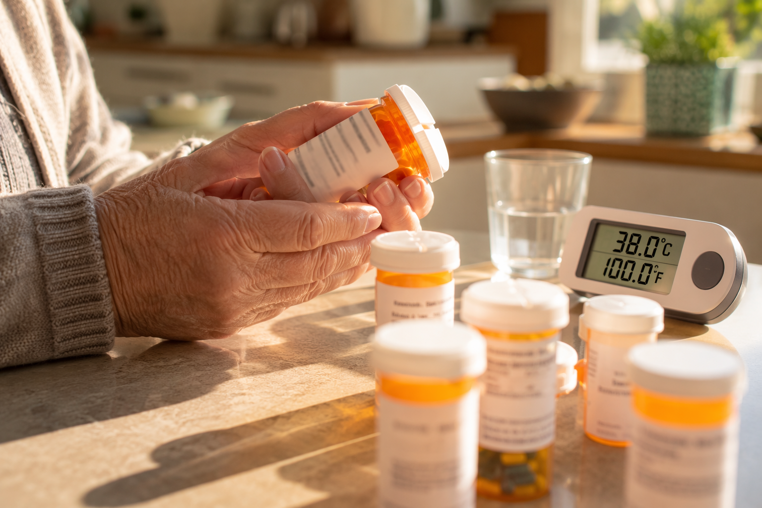 Senior hands sorting prescription pill bottles beside a thermometer reading 100 degrees Fahrenheit