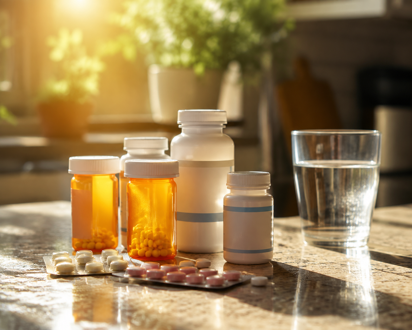Prescription medication bottles and blister packs on a kitchen counter in warm light