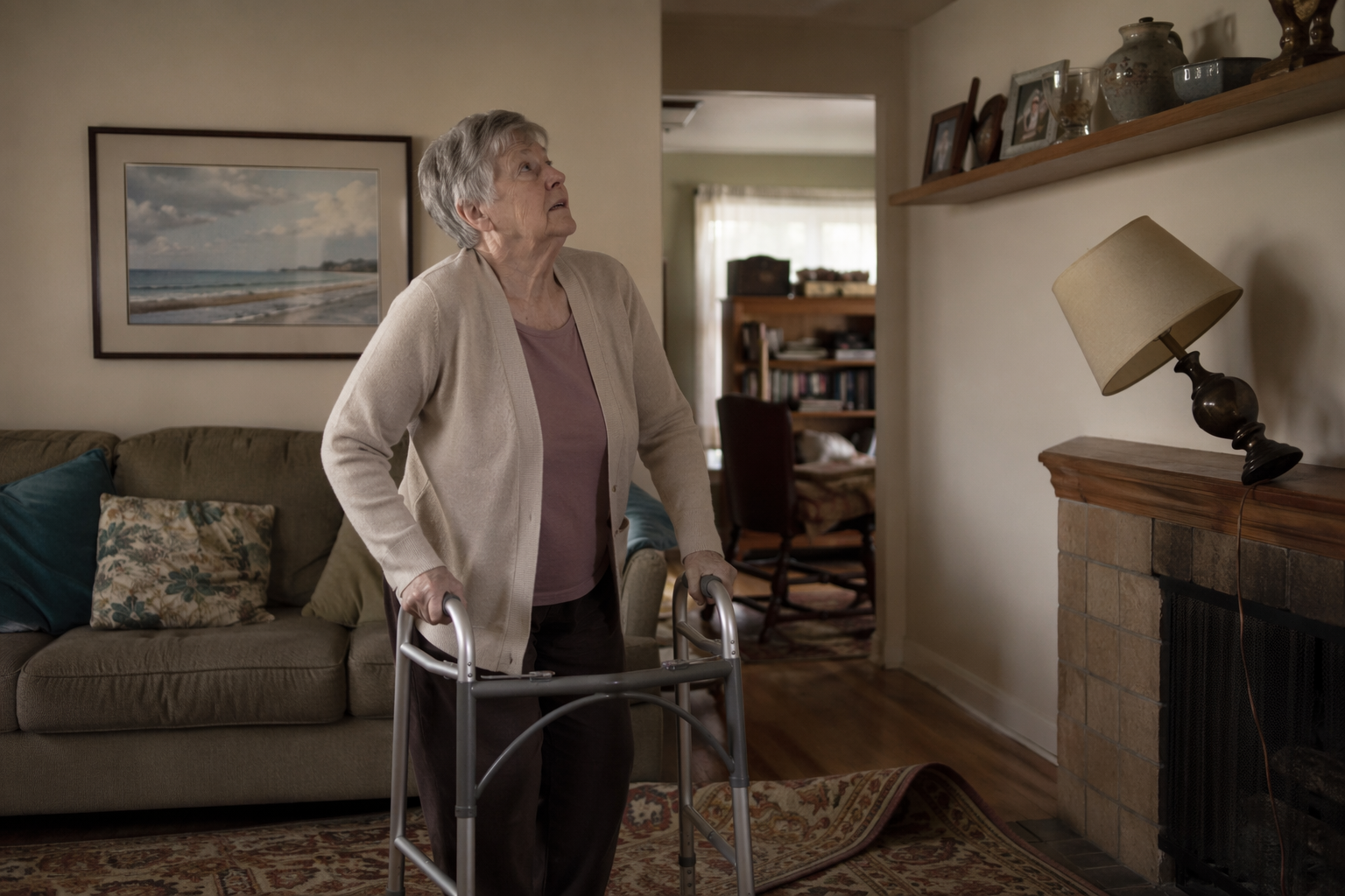 Older adult using a walking frame in a living room with unsecured shelves, wall art, and unstable furniture