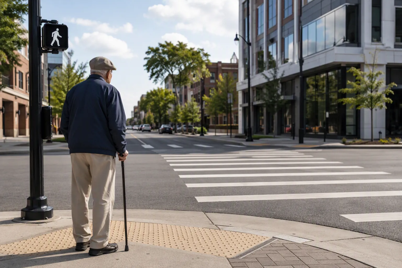 Older adult with a cane waiting at a downtown crosswalk with a visible pedestrian signal and curb ramp