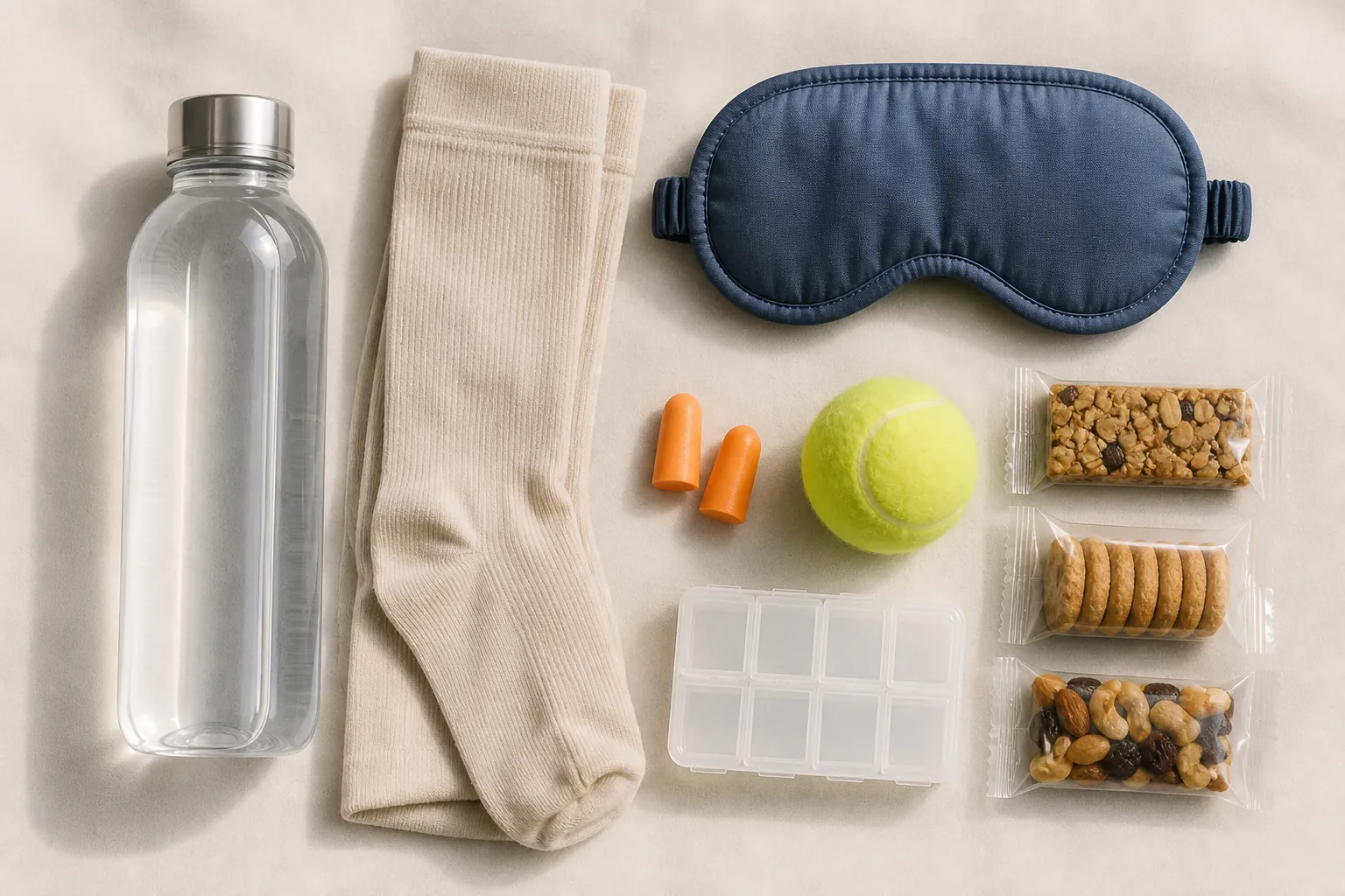 In-flight comfort kit with water bottle, compression socks, eye mask, earplugs, tennis ball, snacks, and pill organizer