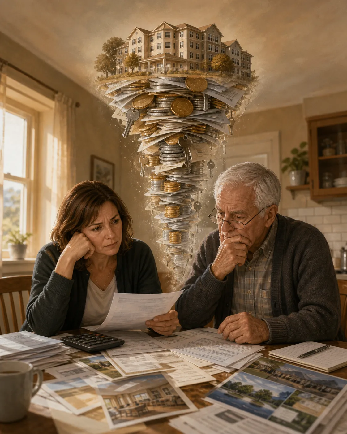 Adult daughter and aging father sorting insurance letters, bank statements, and senior living brochures at a kitchen table while payment pieces support a senior living building