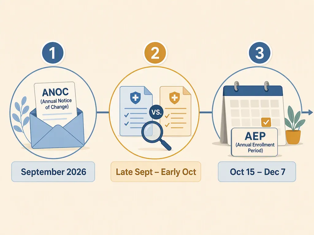 Timeline showing ANOC in September 2026, plan comparison in late September to early October, and AEP from October 15 through December 7