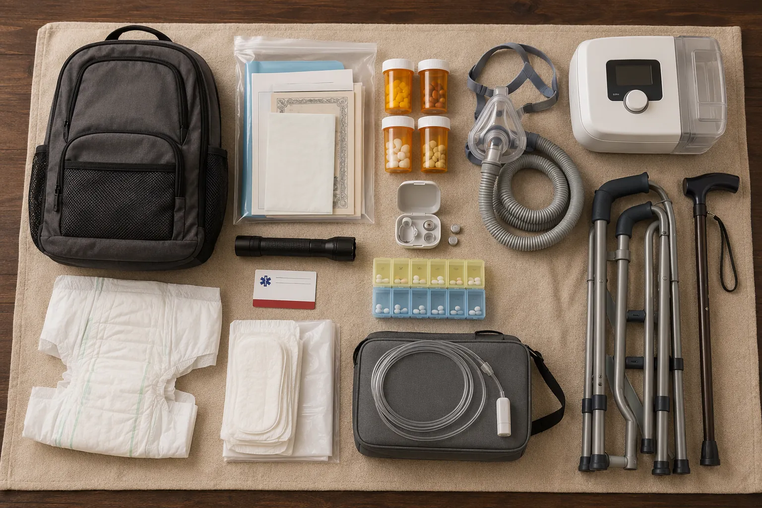 Emergency go-bag supplies for an older adult including medications, CPAP equipment, hearing aid batteries, mobility aids, incontinence supplies, documents, and a flashlight