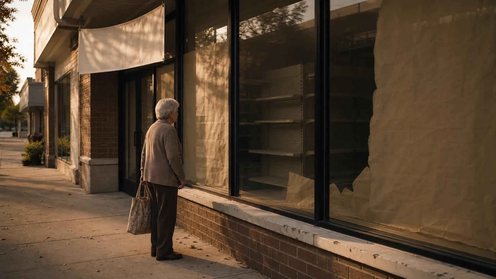 Elderly woman standing outside a shuttered pharmacy with a cloth shopping bag