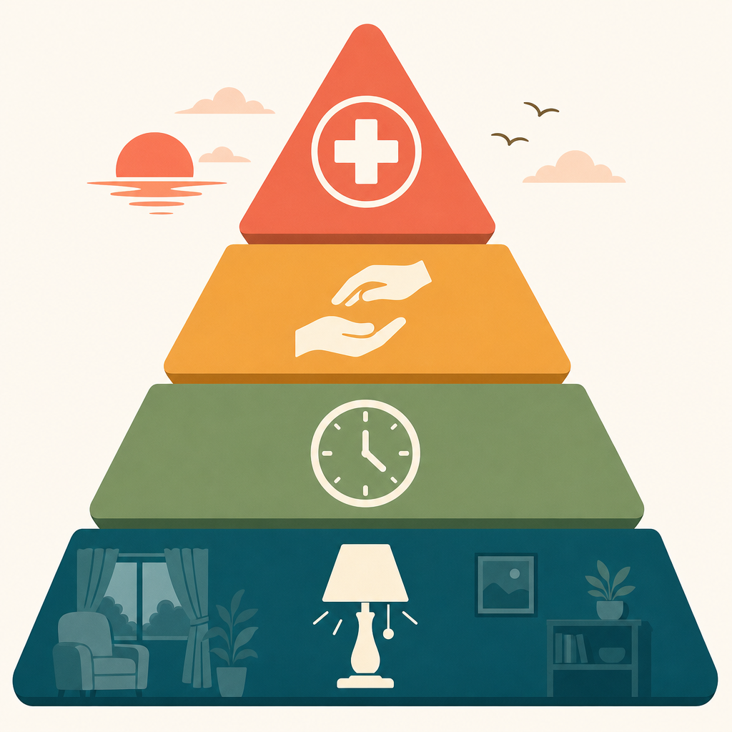 A four-layer ascending staircase diagram with icons representing the four intervention layers: environmental modifications, daily routine, in-the-moment response, and medical escalation.