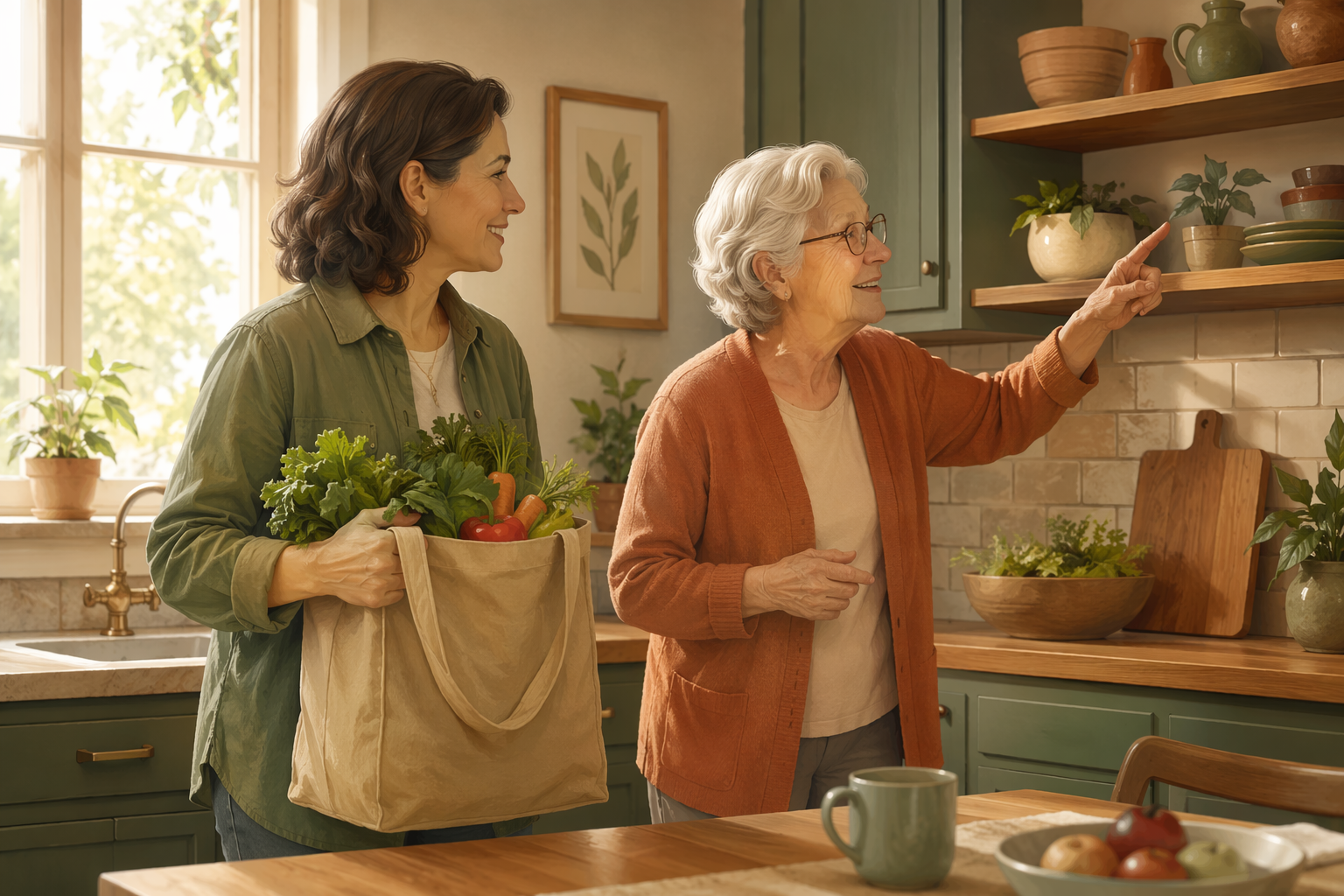 An adult child in their 40s and an elderly parent stand together in a home kitchen. The adult child holds a reusable grocery bag with fresh vegetables visible. The elderly parent smiles and points toward a shelf. Morning light fills the room. Warm earth tones of sage green, warm tan, and muted terracotta.