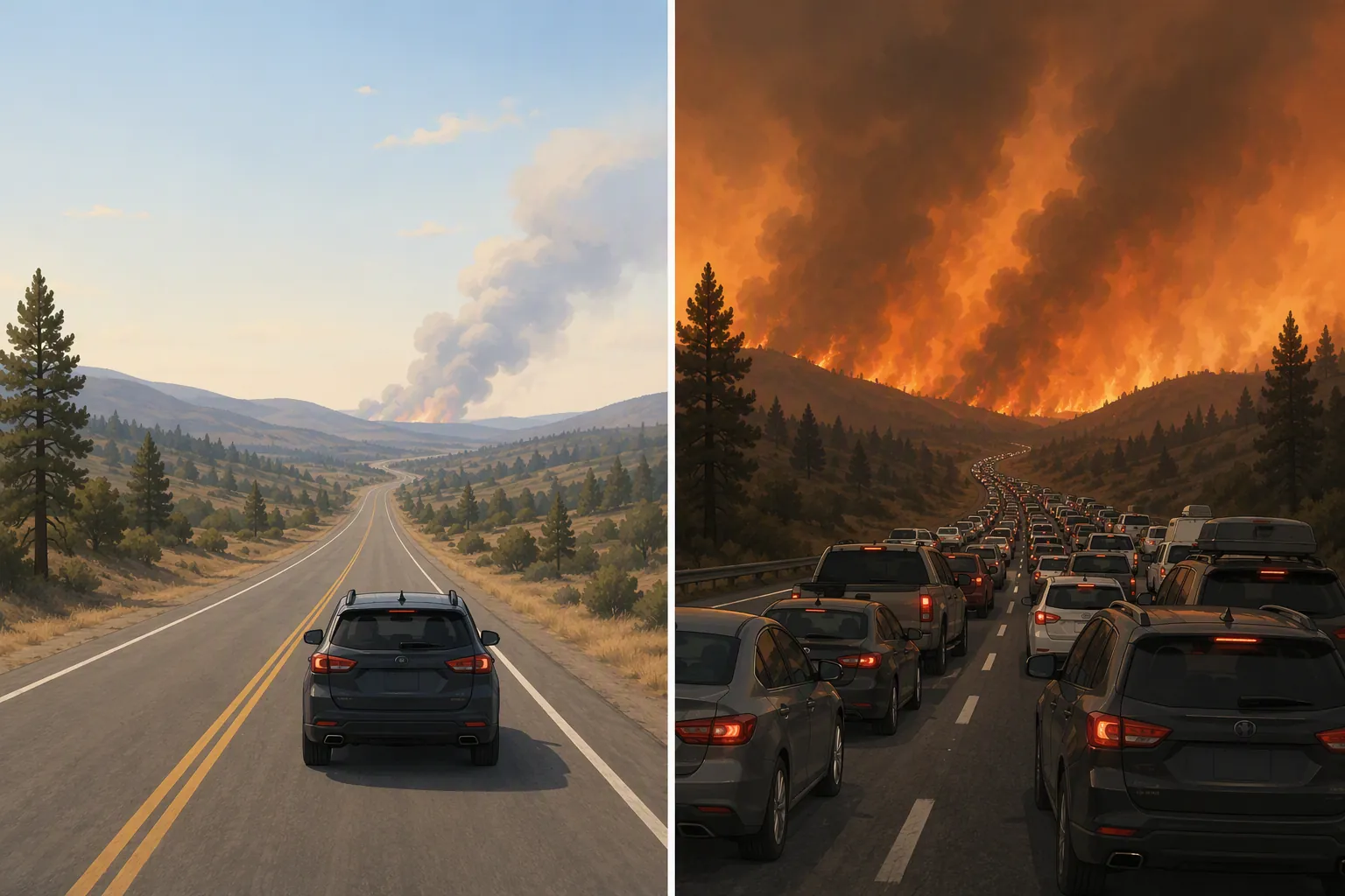 Illustration comparing early evacuation on an open road with late evacuation in heavy smoke and stopped traffic
