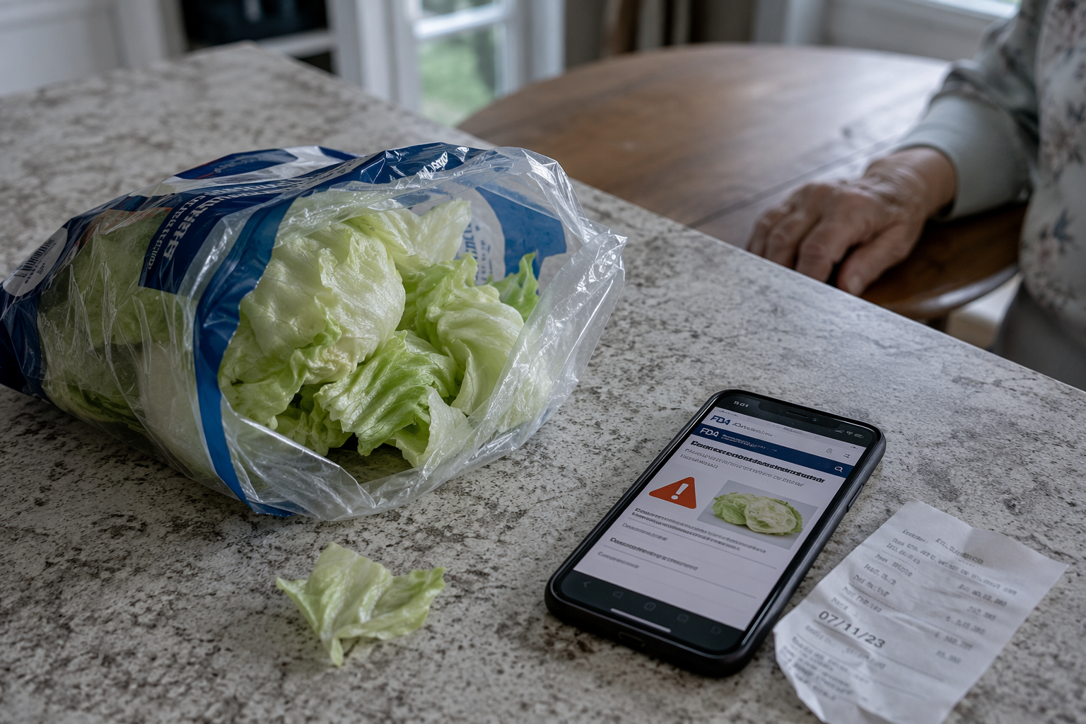 A half-empty bag of iceberg lettuce beside a recall alert, receipt, and an elderly person in the background