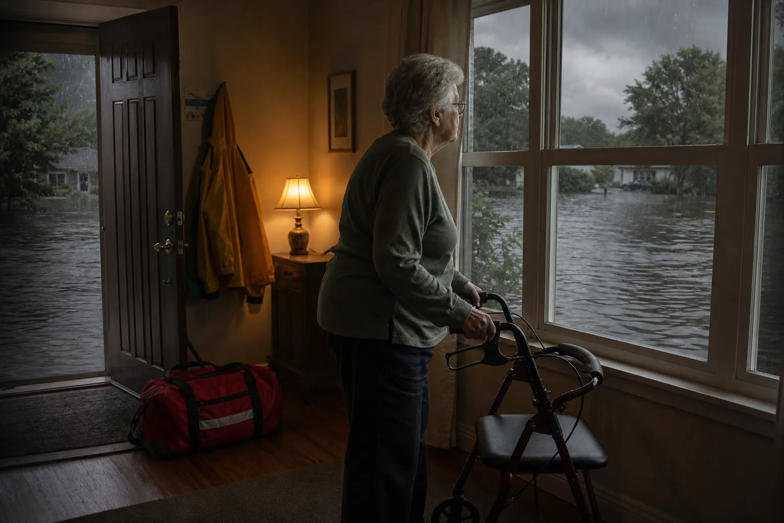 Older adult with a walker watching floodwater rise outside while an emergency go-bag waits by the door