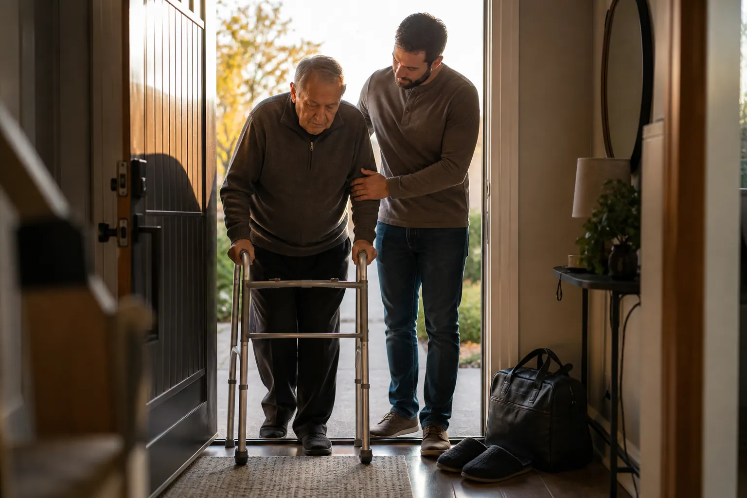 Adult family member helping an older man with a walker through the front doorway