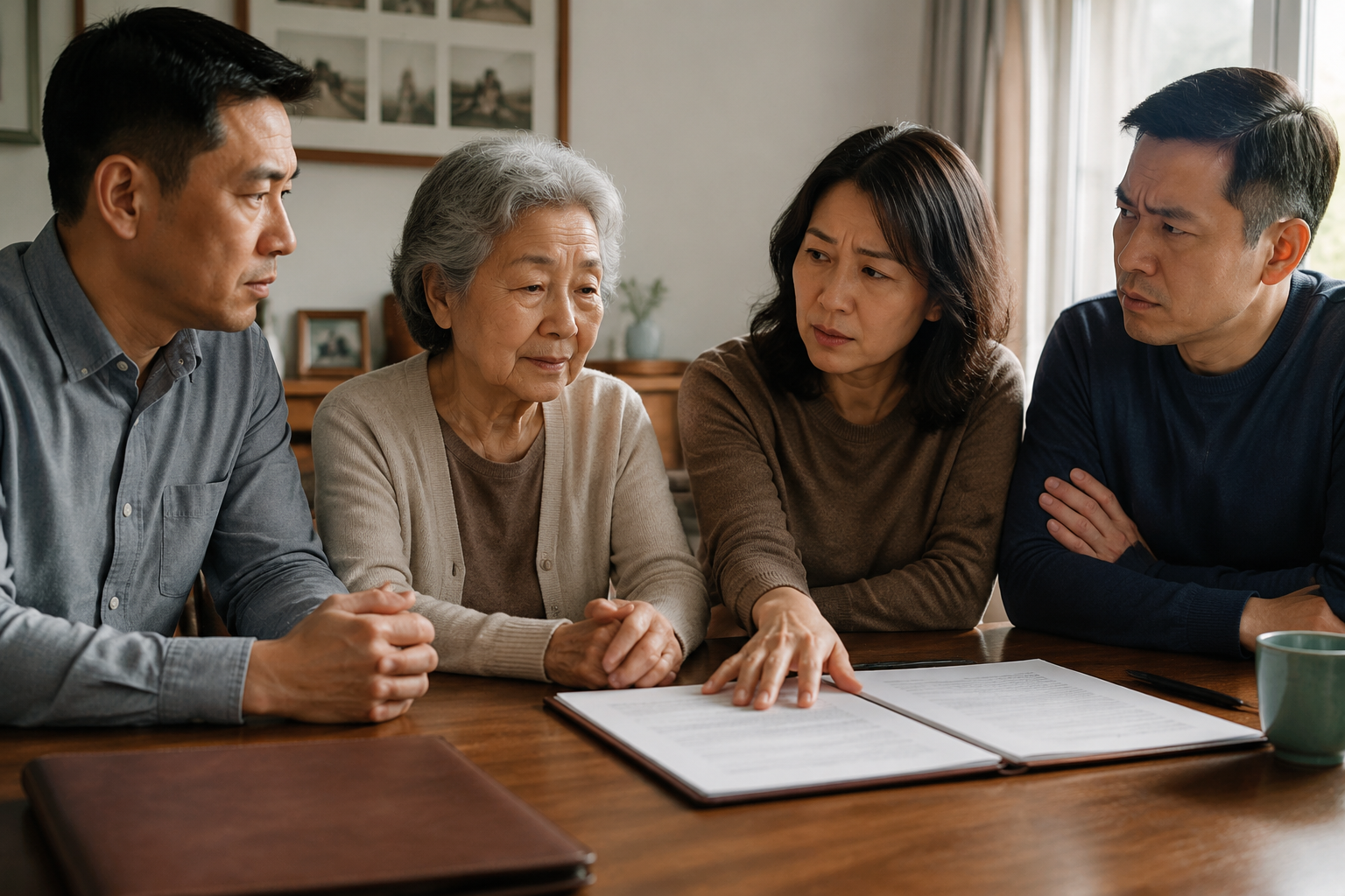 Three adult siblings and an elderly parent reviewing a trust document with visible tension