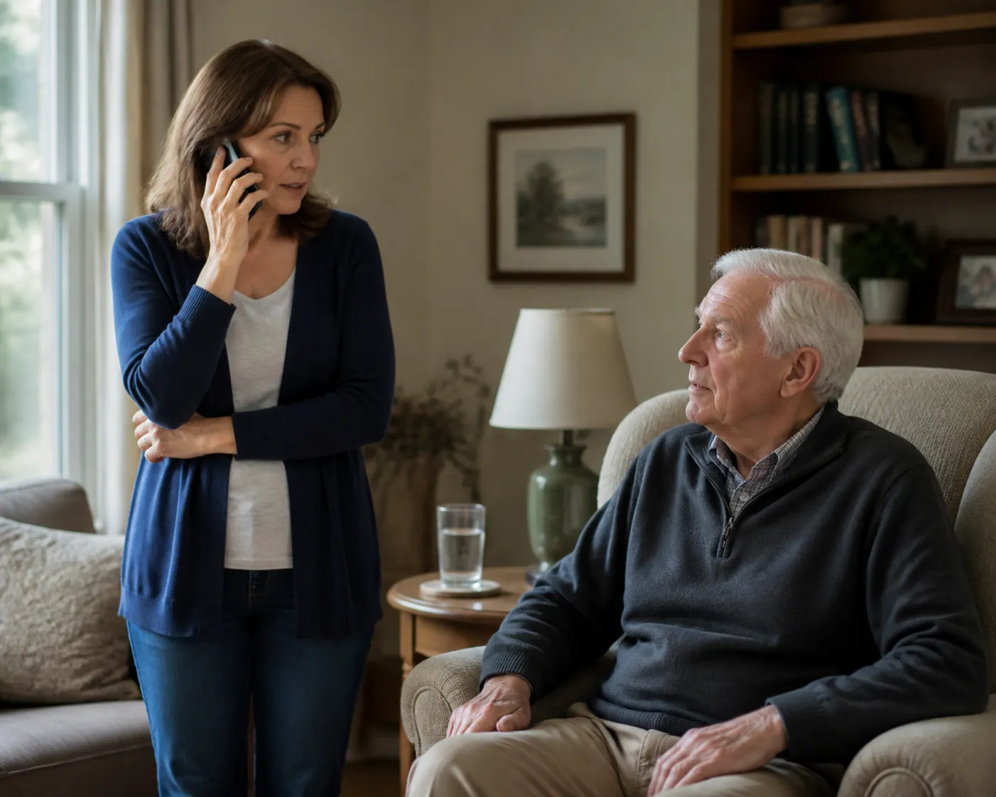 Middle-aged woman on the phone while looking toward her elderly father in a living room
