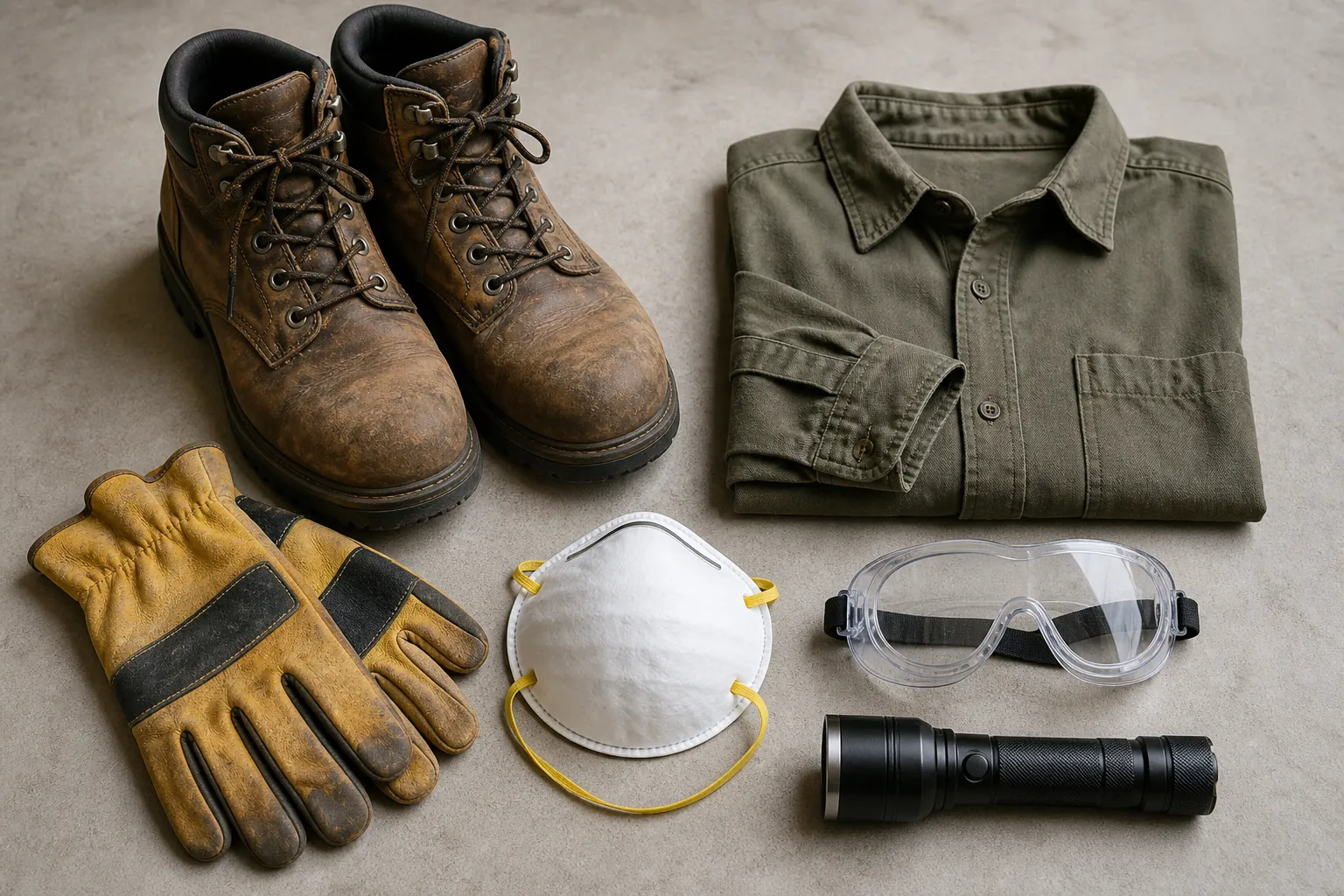 Wildfire re-entry safety gear including sturdy boots, gloves, N95 respirator, goggles, flashlight, and long-sleeve shirt