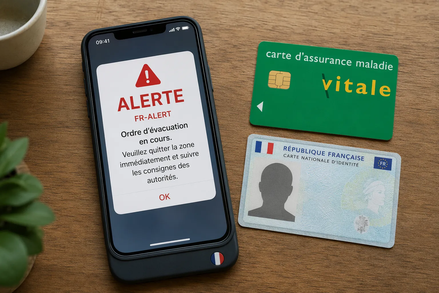 Smartphone showing a French emergency alert beside a Carte Vitale and French identity card