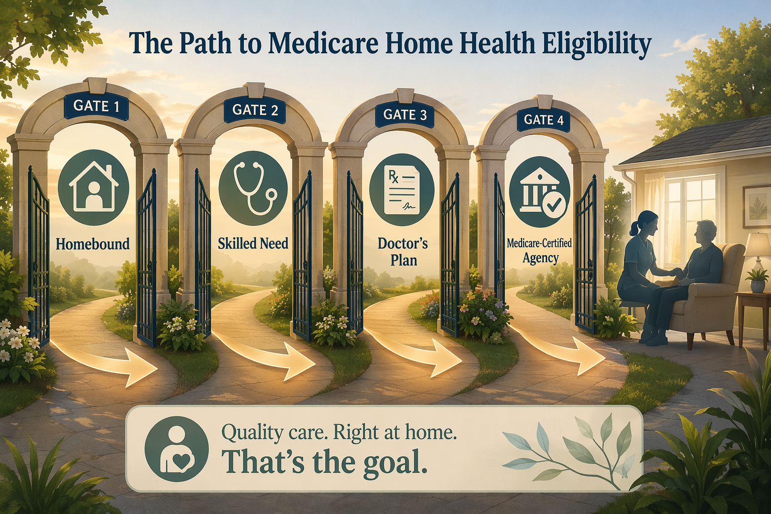 An explanatory diagram showing four sequential gateway icons — homebound (house with person), skilled need (medical symbol), doctor's plan (prescription pad), and Medicare-certified agency (building with checkmark) — arranged as a pathway with an arrow leading to a silhouette of a person receiving care at home.