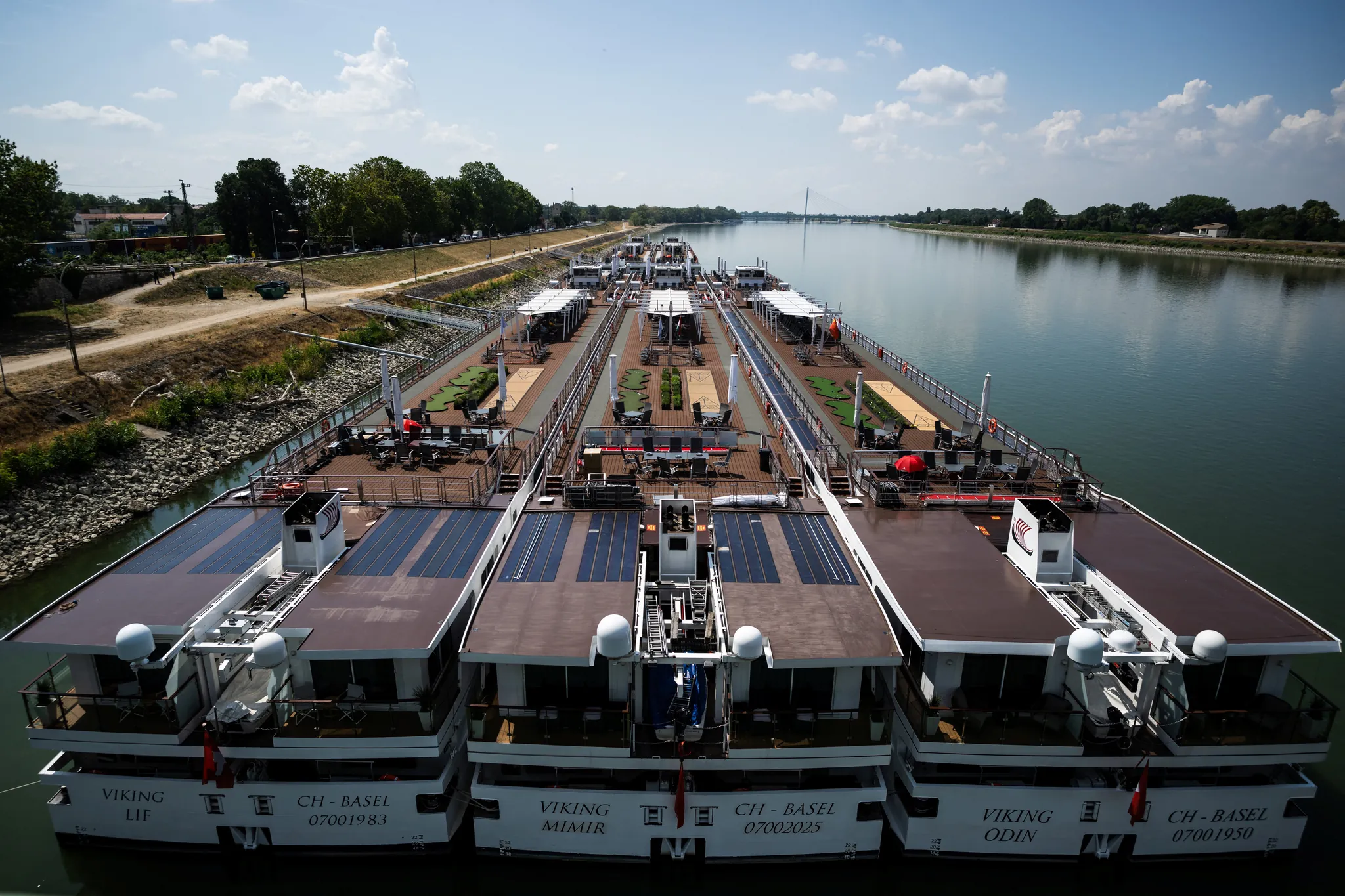 River cruise ships stranded on a severely shrunken Danube River in July 2026