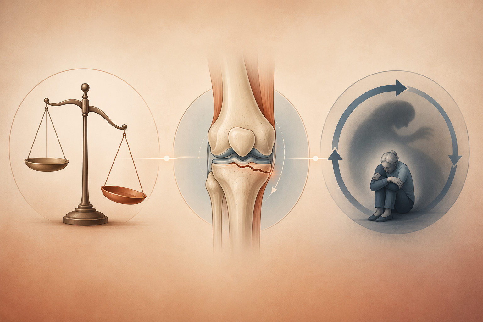 Editorial illustration showing balance problems, knee buckling, and a fear-of-falling cycle