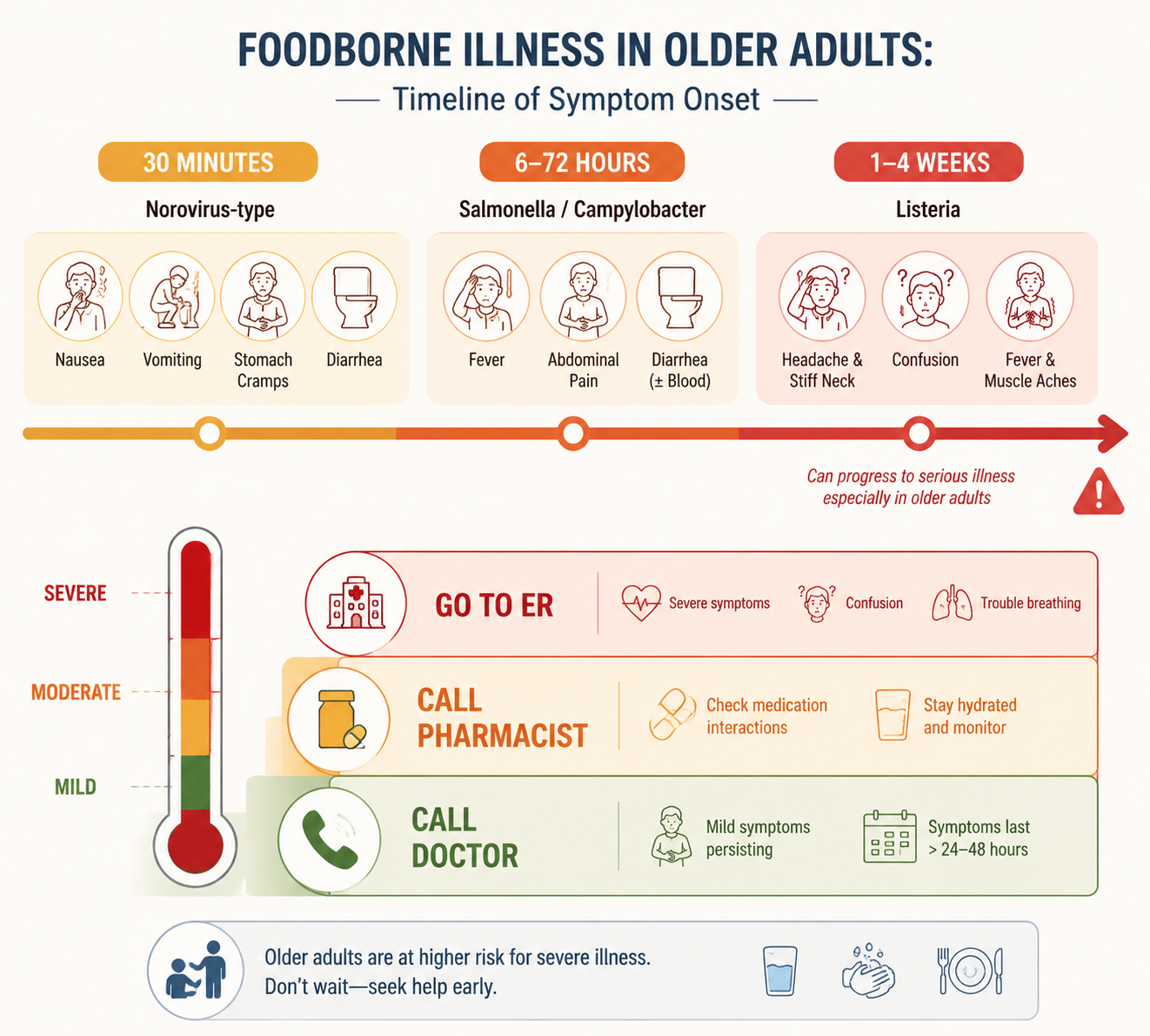 Symptom onset timeline from 30 minutes to 1 to 4 weeks with call doctor, call pharmacist, and go to ER escalation steps